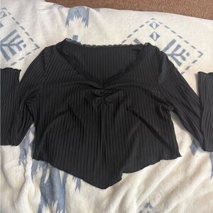 SHEIN Black Ribbed Ruched Long Sleeve Blouse